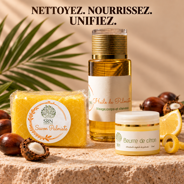 Rituel Visage — Savon Palmiste, Huile de Palmiste ABSOLU+ et Beurre de Citron ÉCLAT+, SRN Cosmetics