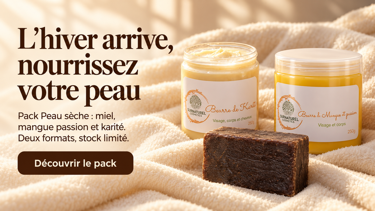 SRN — Bandeau accueil hiver Pack Peau sèche — ordinateur 16:9 — L’hiver arrive, nourrissez votre peau. Miel, mangue passion et karité sur tissu crème. Visuel à intégrer par Claude.