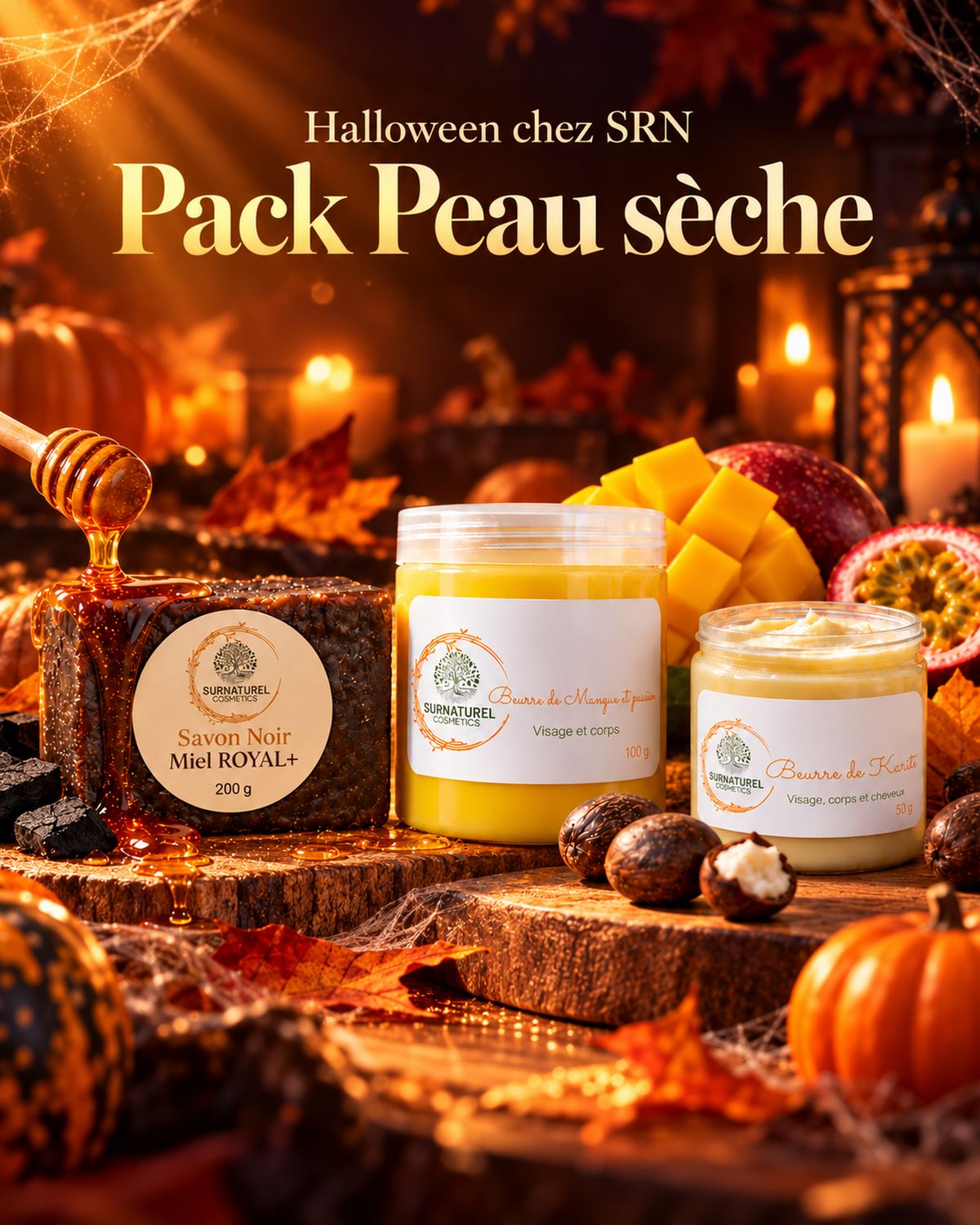 Halloween chez SRN Cosmetics : Pack Peau sèche, miel, mangue passion et karité