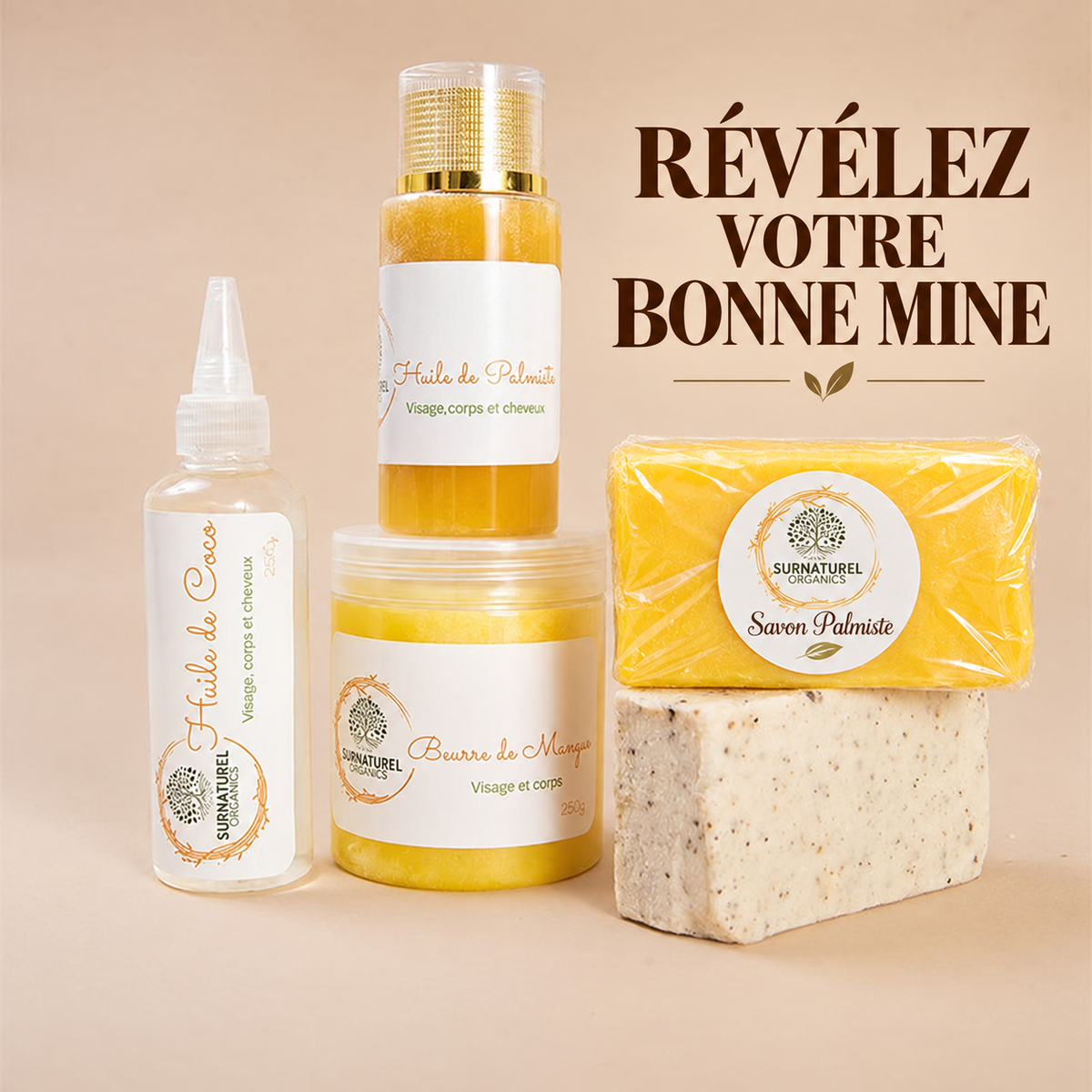 Pack Bonne mine — Savon Palmiste, Huile de Palmiste, Huile de Coco, Beurre de Mangue GLOW+ et Gommage Corps, SRN Cosmetics