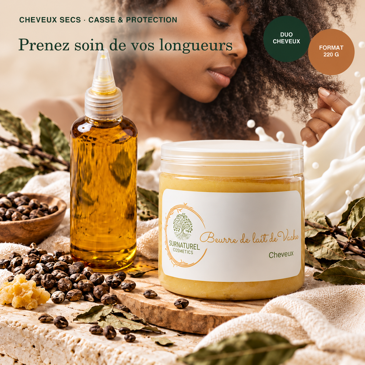 Pack Cheveux Secs Casse et Protection SRN Cosmetics – Huile de Chébé et Beurre de Lait de Vache 220 g