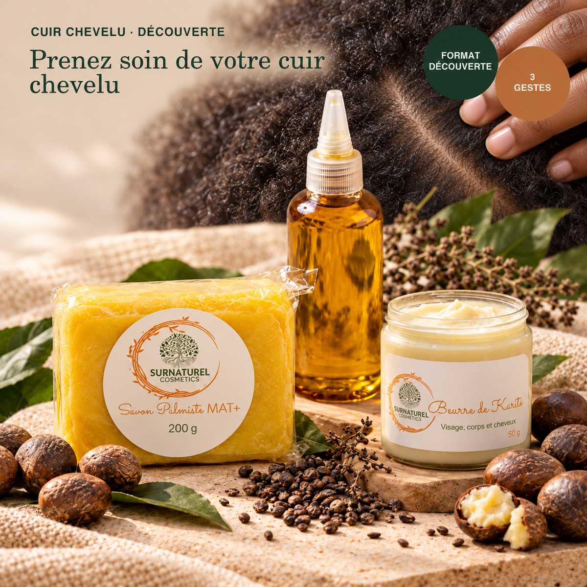 Pack Cuir Chevelu Découverte SRN Cosmetics – Savon Palmiste 200 g, Huile de Chébé et Beurre de Karité 50 g