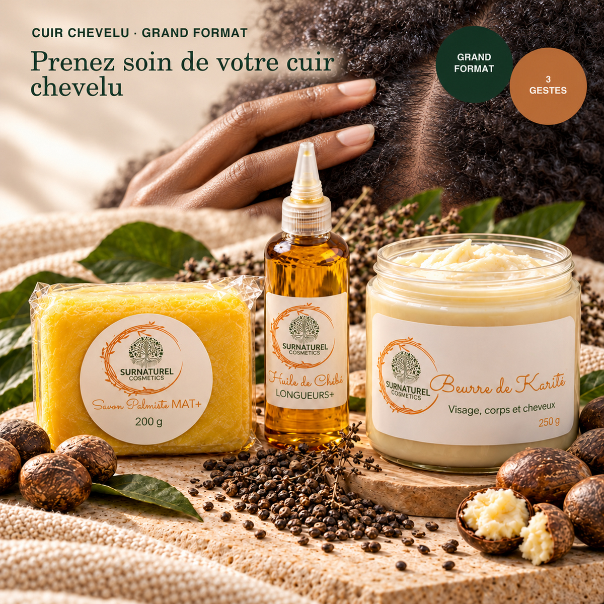 Pack Cuir Chevelu Grand Format SRN Cosmetics – Savon Palmiste 200 g, Huile de Chébé et Beurre de Karité 250 g