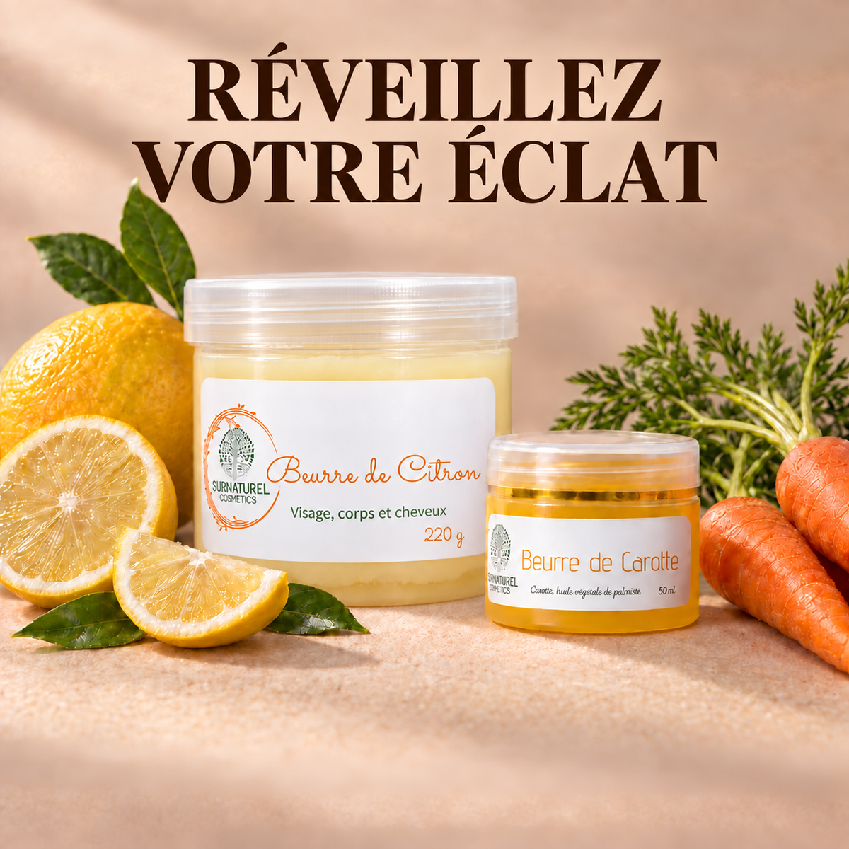 Pack Duo Éclat — Beurre de Citron ÉCLAT+ 250 g et Beurre de Carotte ÉCLAT+ 50 g, SRN Cosmetics