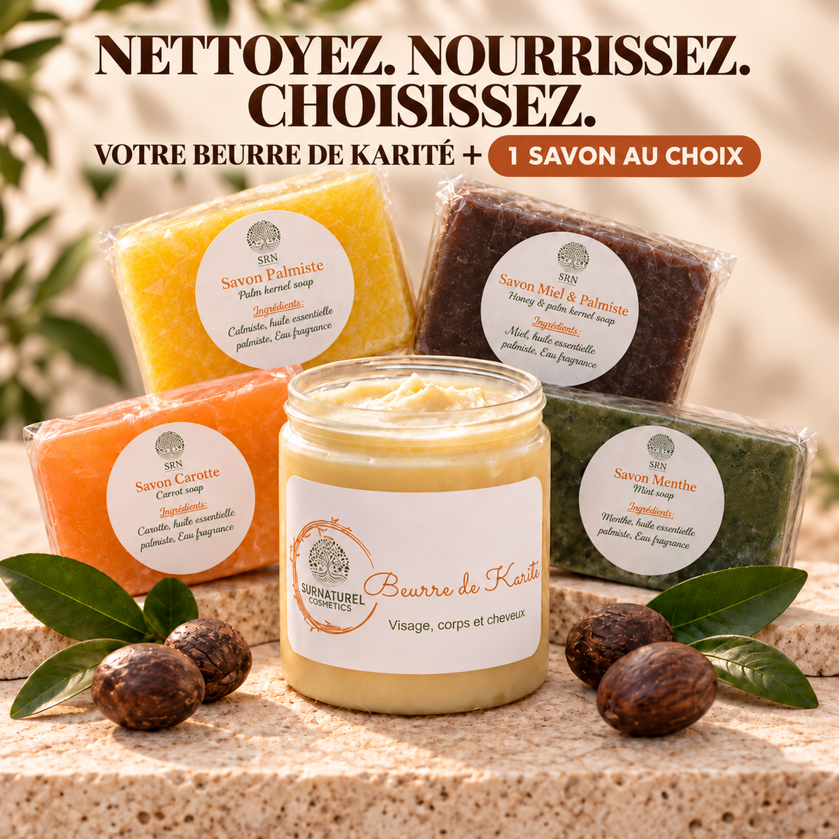 Duo Essentiel — Beurre de Karité pur 250 g et le savon de votre choix, SRN Cosmetics