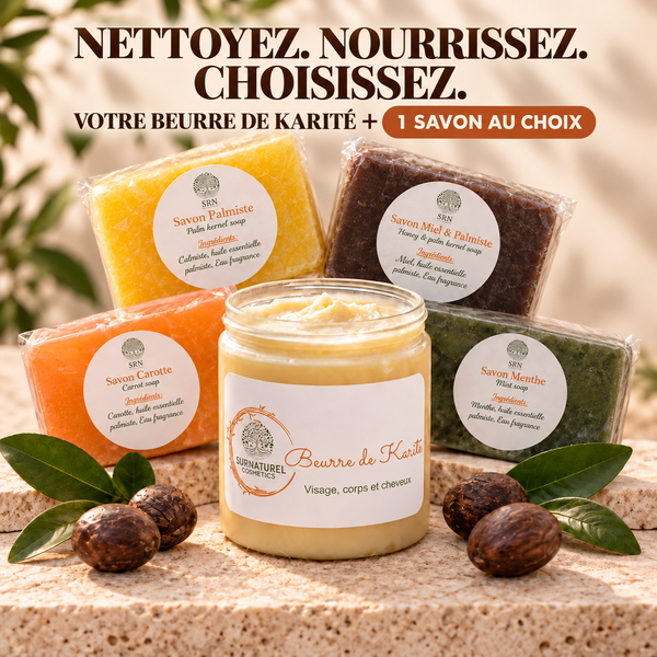 Duo Essentiel — Beurre de Karité pur 250 g et le savon de votre choix, SRN Cosmetics