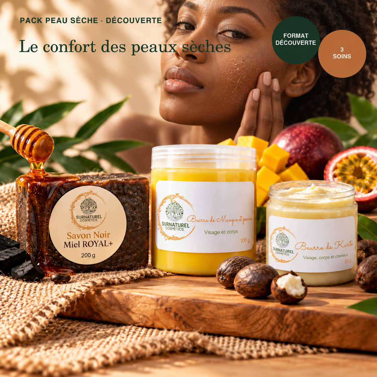 Pack Peau Sèche Découverte SRN Cosmetics – Savon Noir Miel 200 g, Beurre de Mangue Passion 100 g et Beurre de Karité 50 g