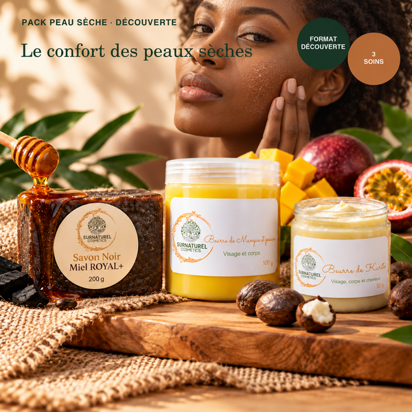 Pack Peau Sèche Découverte SRN Cosmetics – Savon Noir Miel 200 g, Beurre de Mangue Passion 100 g et Beurre de Karité 50 g