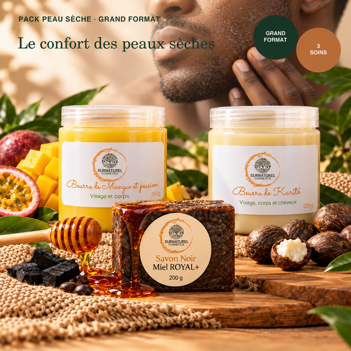 Pack Peau Sèche Grand Format SRN Cosmetics – Savon Noir Miel 200 g, Beurre de Mangue Passion 250 g et Beurre de Karité 250 g
