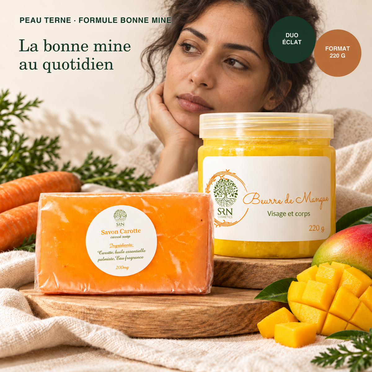 Pack Peau Terne Bonne Mine SRN Cosmetics – Savon Carotte 200 g et Beurre de Mangue 220 g