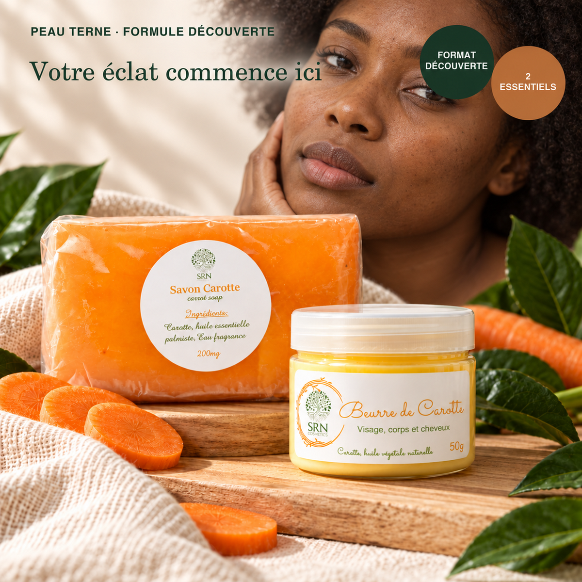Pack Peau Terne Découverte SRN Cosmetics – Savon Carotte 200 g et Beurre de Carotte 50 g