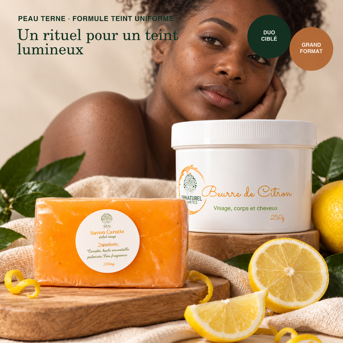 Pack Peau Terne Teint Uniforme SRN Cosmetics – Savon Carotte 200 g et Beurre de Citron 250 g