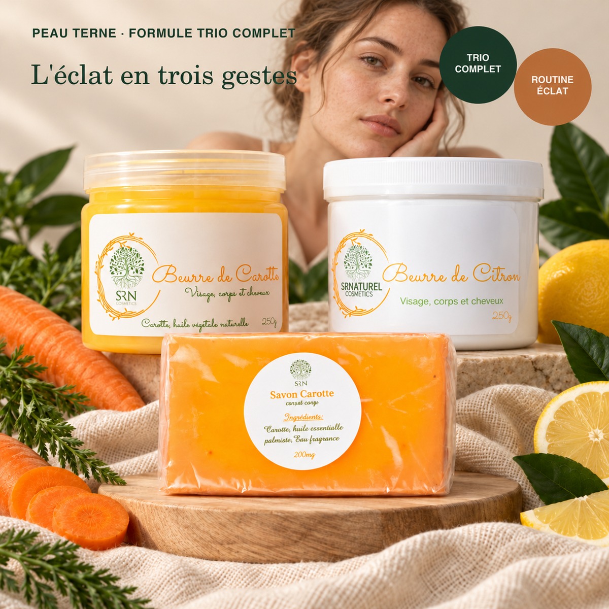 Pack Peau Terne Trio Complet SRN Cosmetics – Savon Carotte 200 g, Beurre de Carotte 250 g et Beurre de Citron 250 g