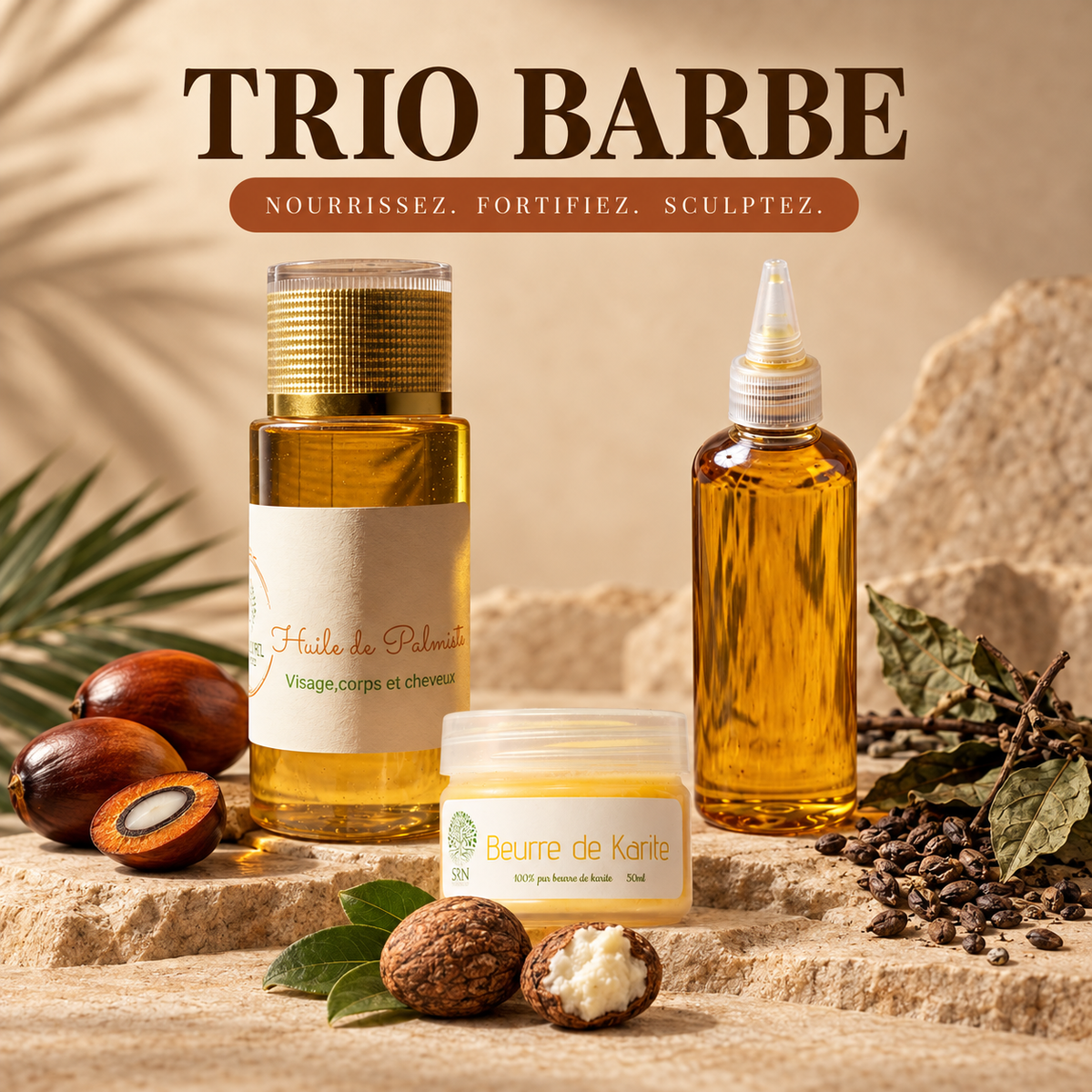 Trio Barbe SRN Cosmetics — Huile de Palmiste ABSOLU+, Huile de Chébé HAIR+ et Beurre de Karité 50 g