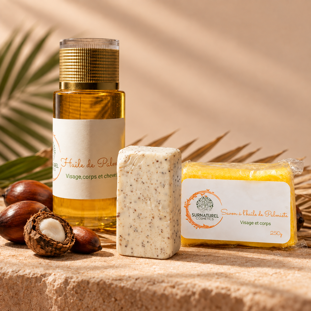 Rituel Palmiste complet — Savon Palmiste, Gommage Corps et Huile de Palmiste, SRN Cosmetics