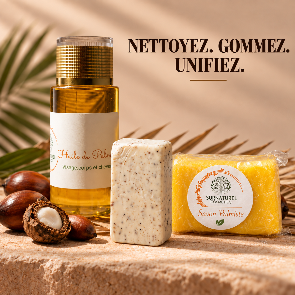 Rituel Palmiste — Savon Palmiste, Gommage Corps et Huile de Palmiste ABSOLU+, SRN Cosmetics