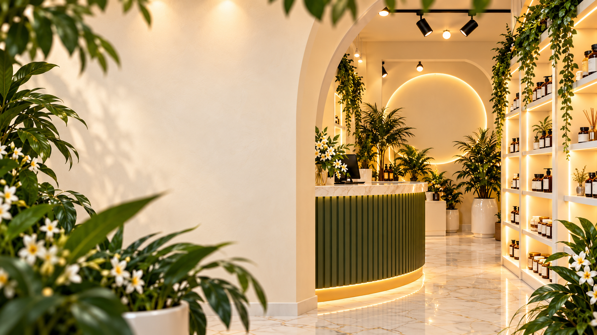 Intérieur végétal de la boutique SRN Cosmetics à Montreuil