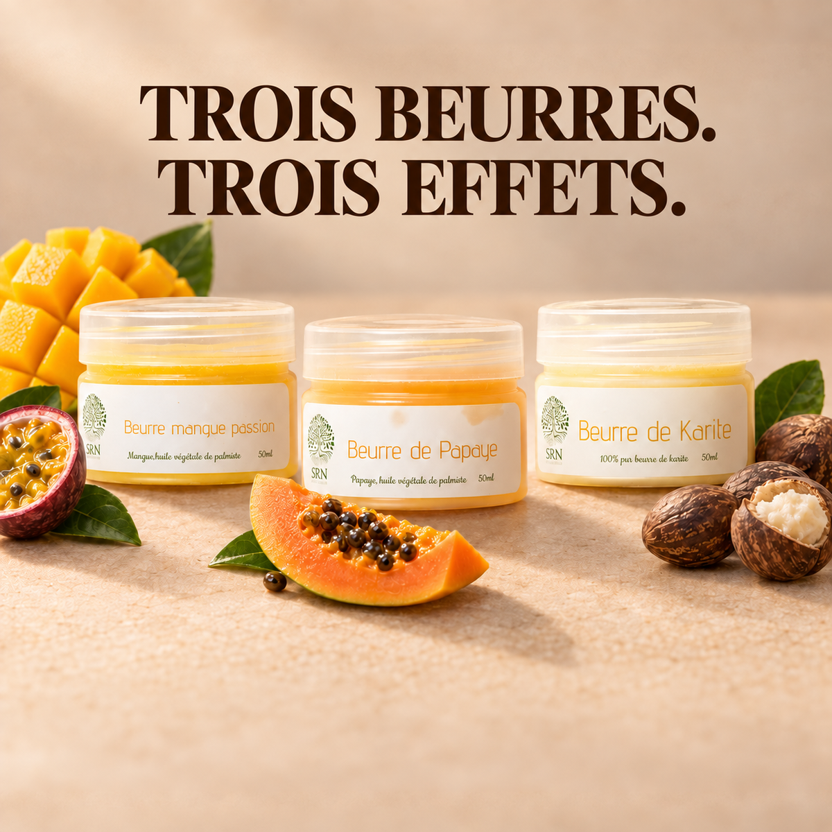 Trio Découverte Éclat — Beurres de Mangue Passion 100 g, Papaye 50 g et Karité 50 g, SRN Cosmetics